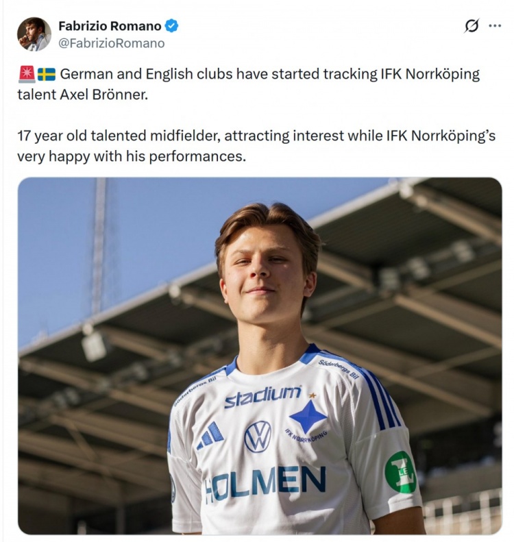 世界赛赛程-罗马诺：德国、英格兰俱乐部关注北雪平17岁中场布伦纳